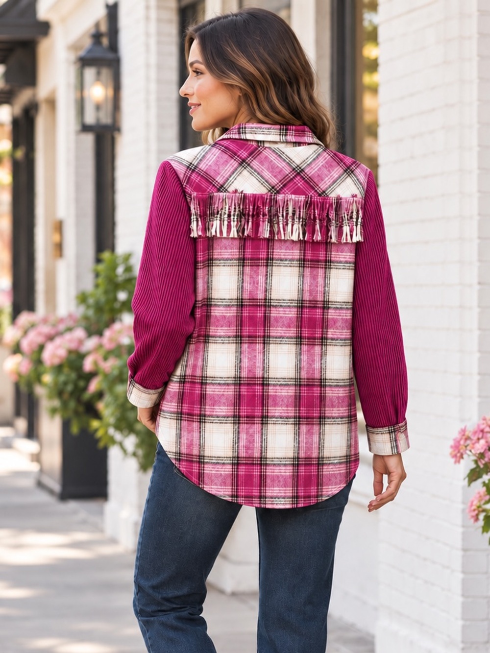 NEW Umgee Fuchsia Pink Plaid & Corduroy Fringe Trim Snap Up Shirt Jacket Shacket